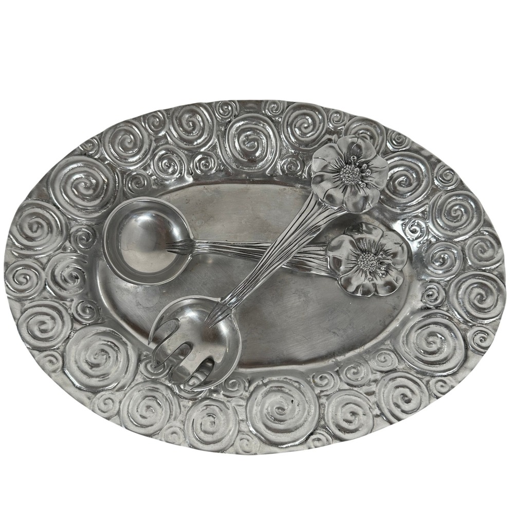 Y2K Silver Spiral Platter Floral Serving Spoons Set 3pc Hostess‎ Gift
